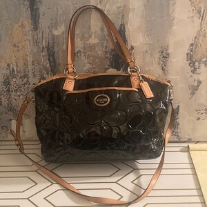 Genuine Coach Peyton  2012 Black Patent Leather Tote with Tan Straps